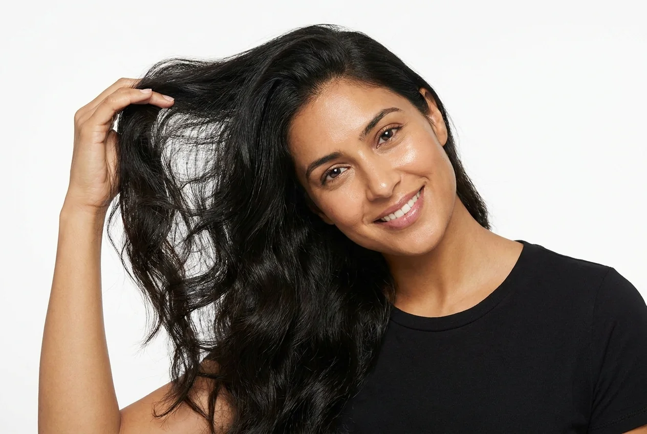 A woman lifting a section of thick healthy hair