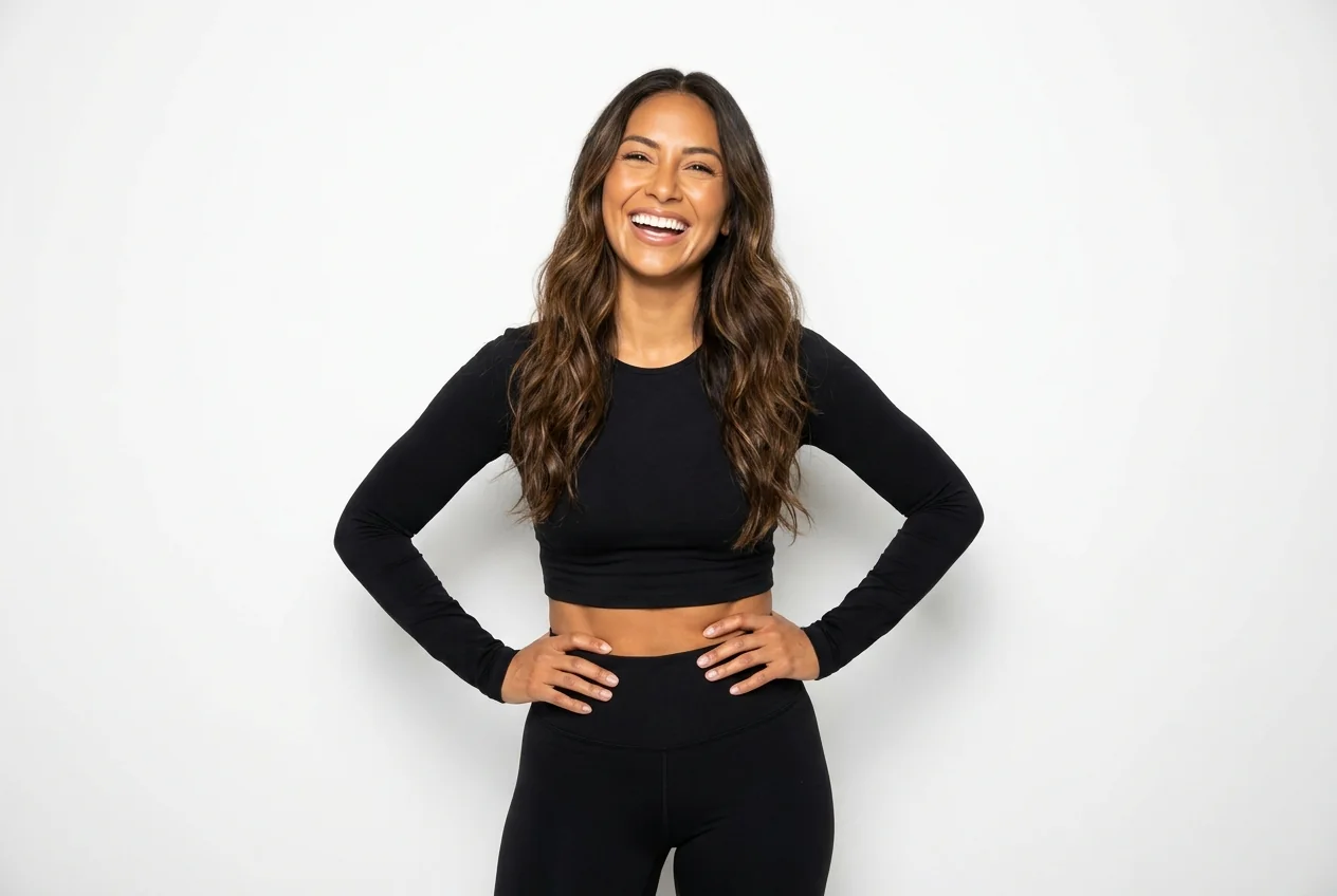 A woman in black leggings and a crop top, hands on her waist, laughing
