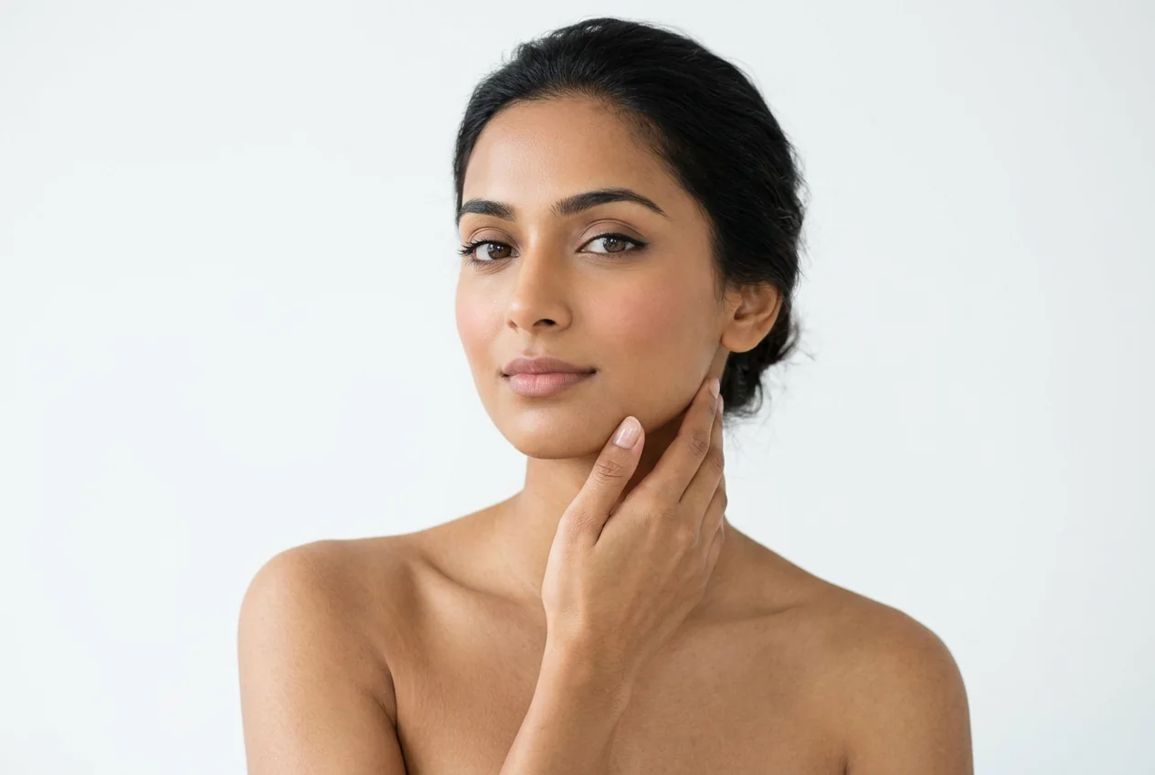 A woman running a hand along her jawline, smooth complexion