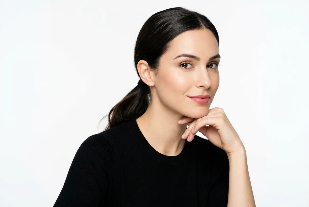 A woman resting her hand under her chin, clear skin along the jaw