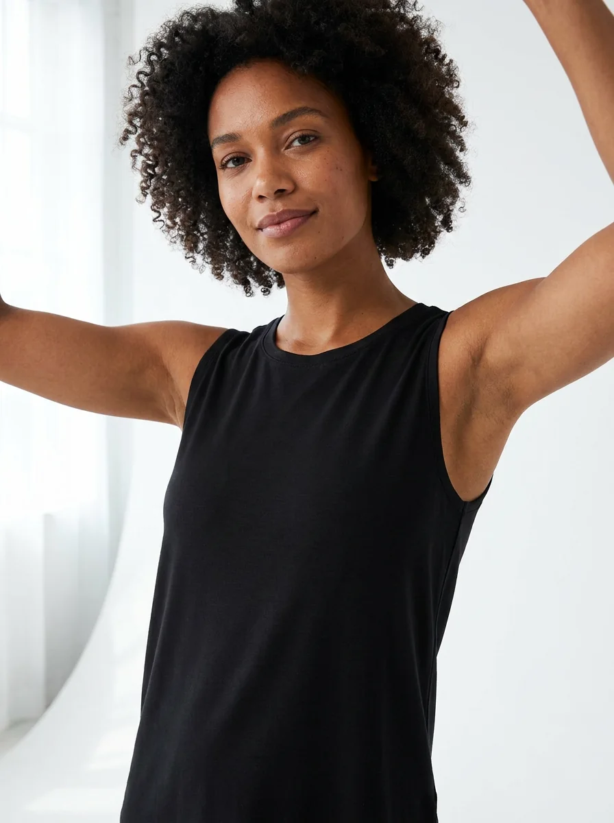 A model in a black sleeveless top, arms held away from her body