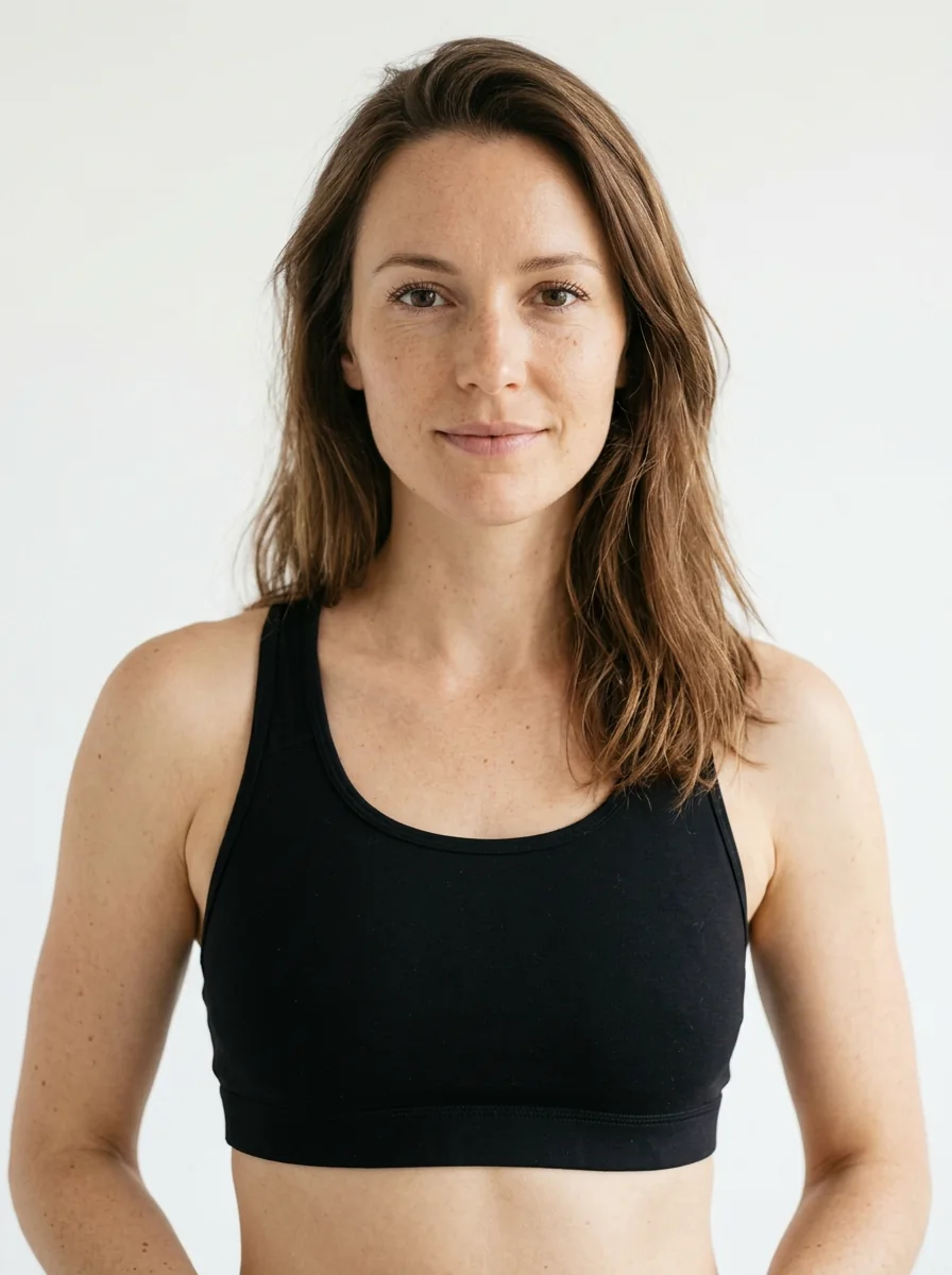 A model in a black sports bra, shoulders and collarbone in frame