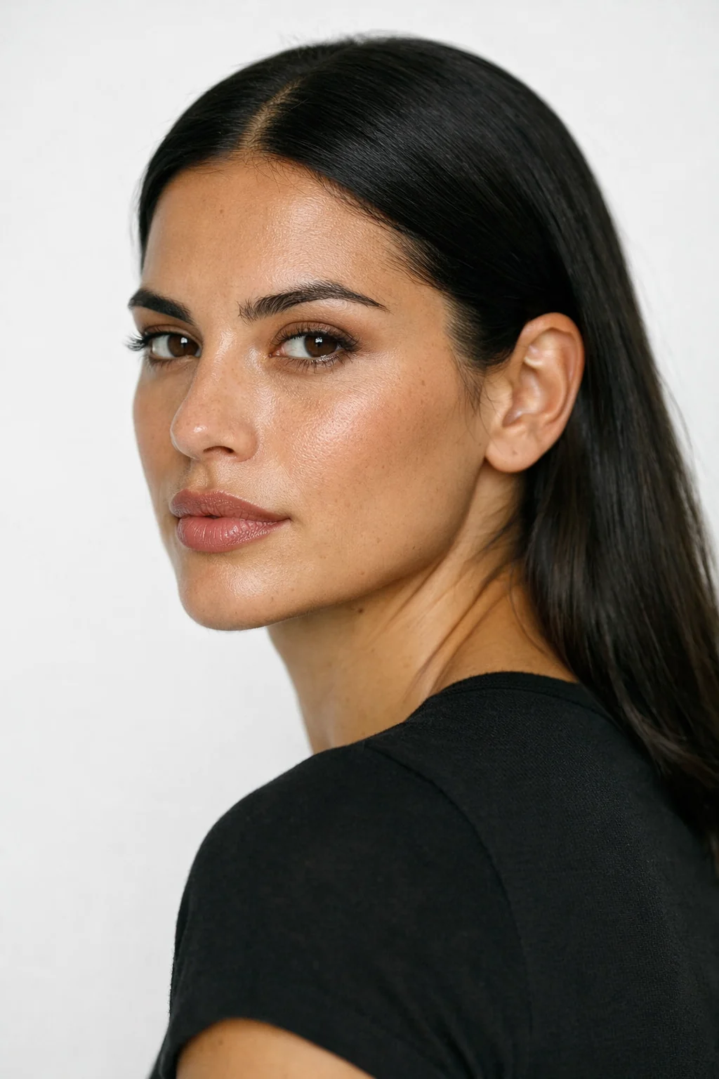 A model in the studio with defined cheekbones and full lips