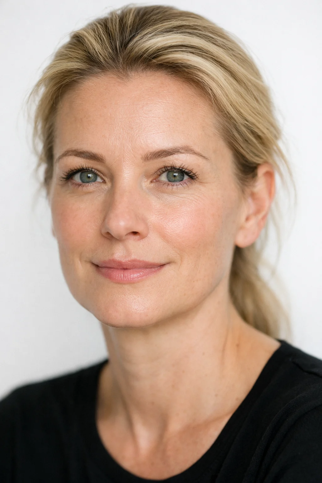 A model in the studio, eyes open and bright