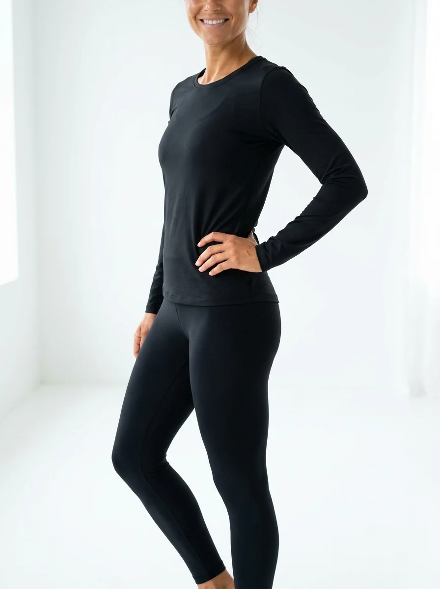A model in black activewear, one hand at her waist