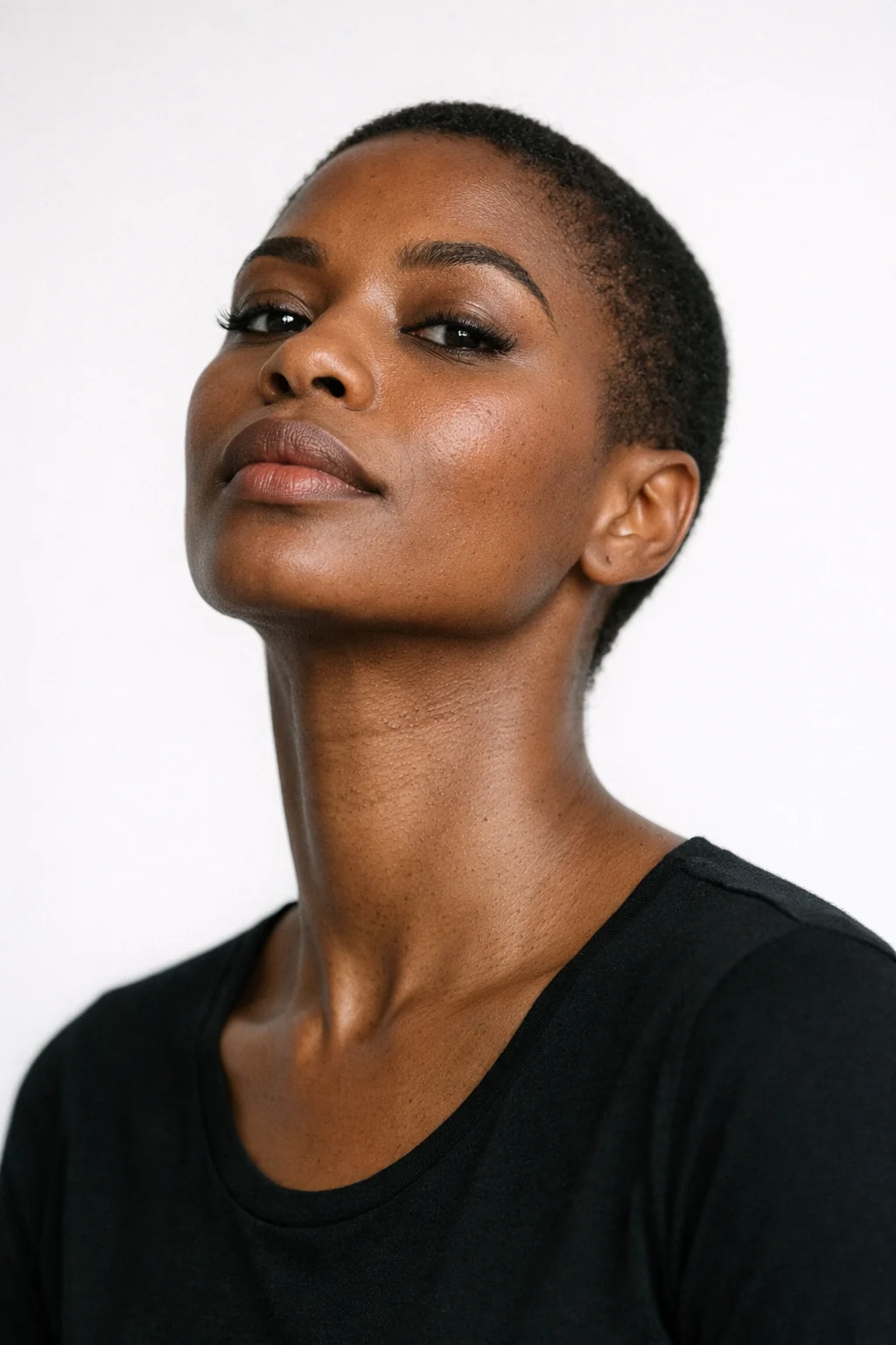 A model with her chin lifted, neck and jaw in frame