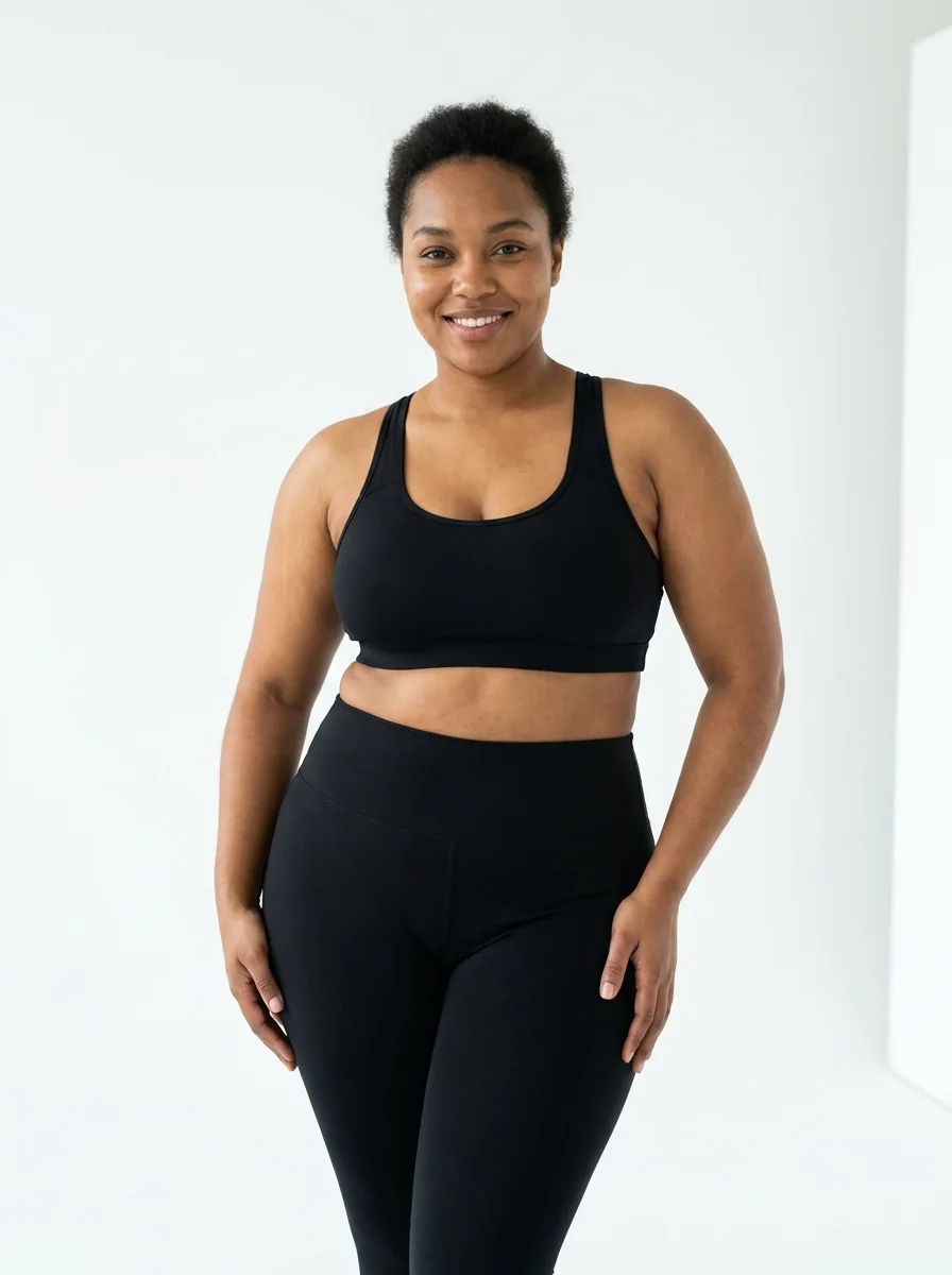 A model in black activewear, hands resting on her hips
