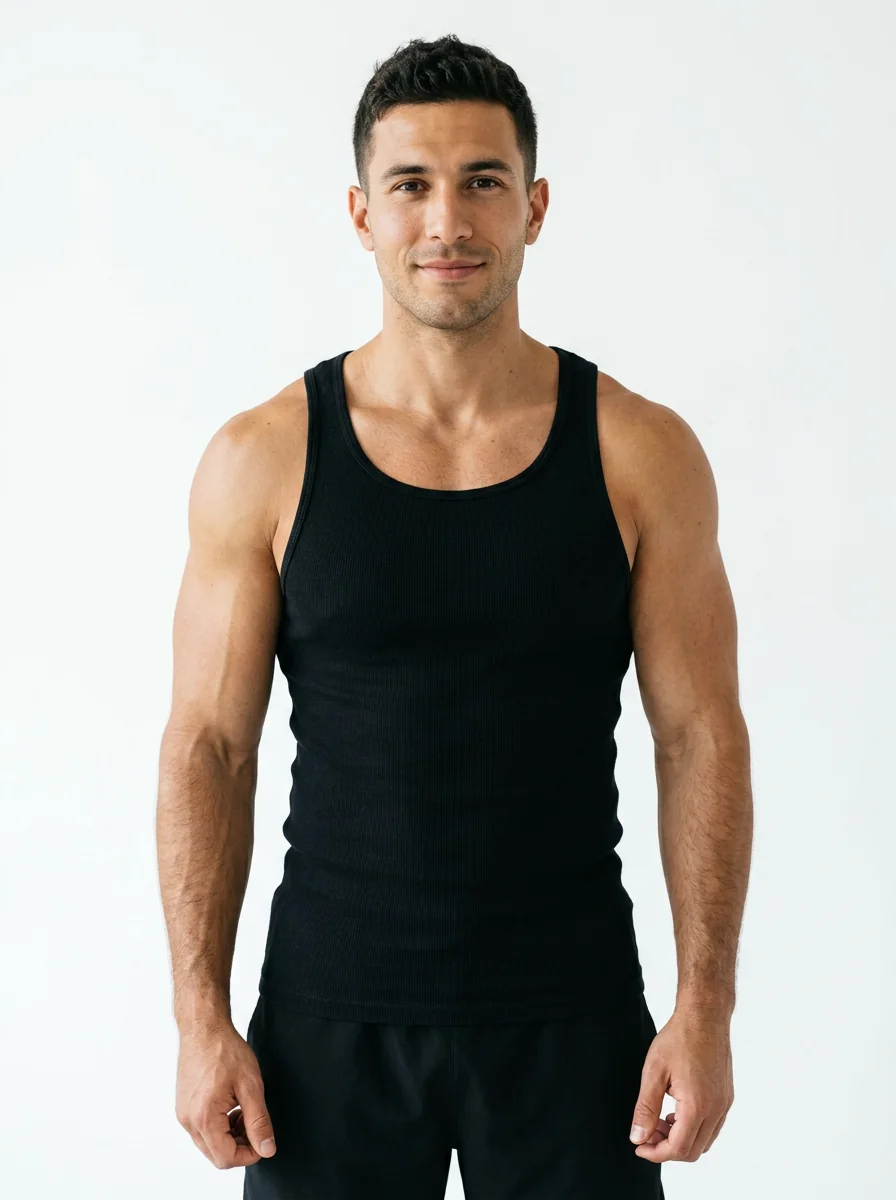 Un modelo con camiseta negra ajustada