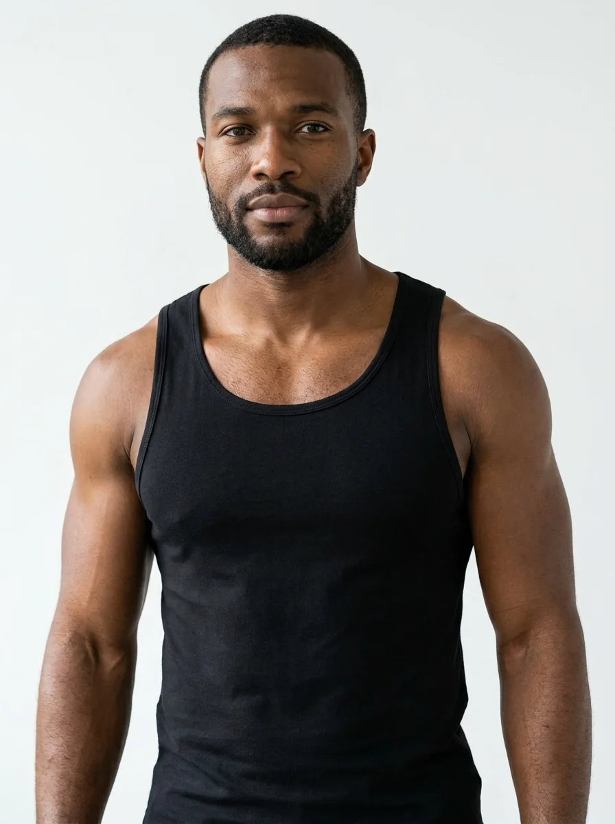 A male model in a fitted black tank top, shoulders squared