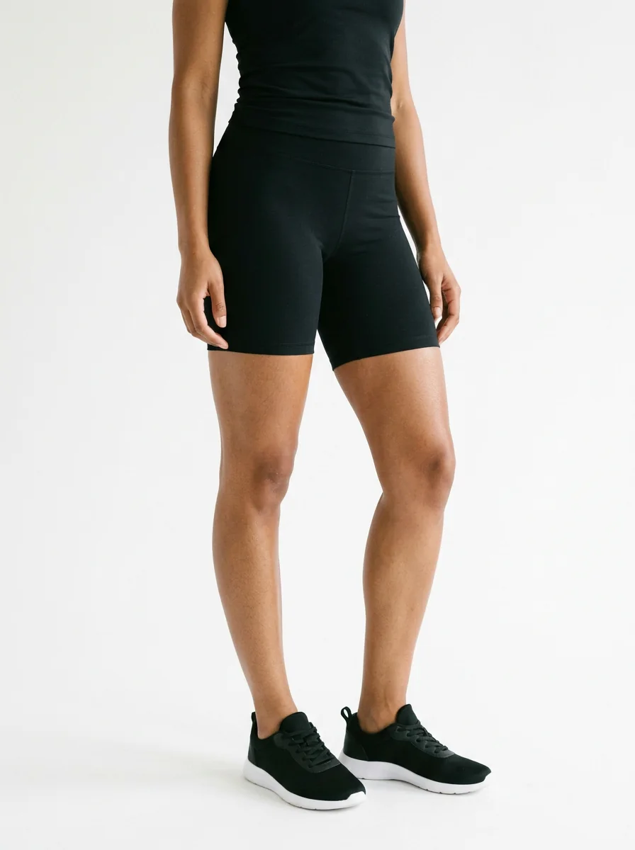 Una modelo en shorts negros, con las piernas a la vista