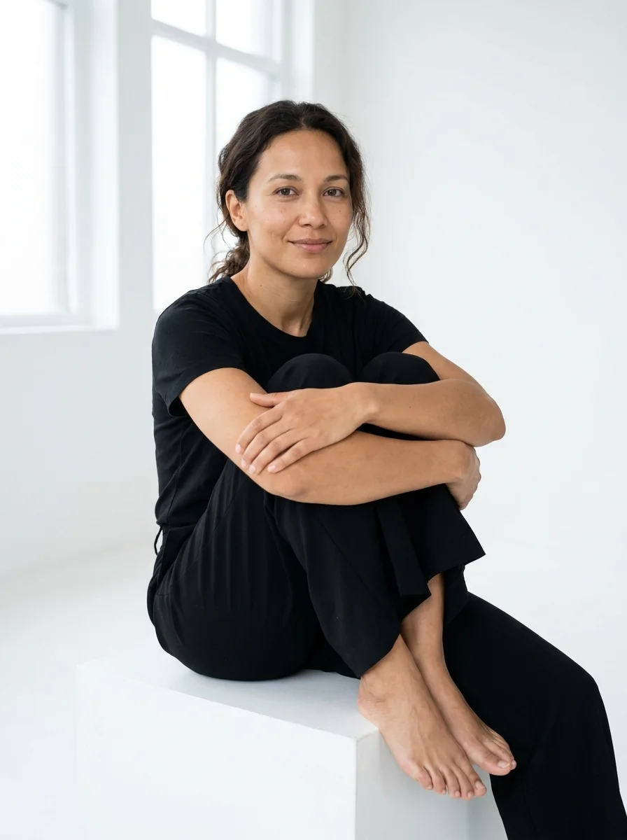 A model seated with her arms around her knees, fully dressed