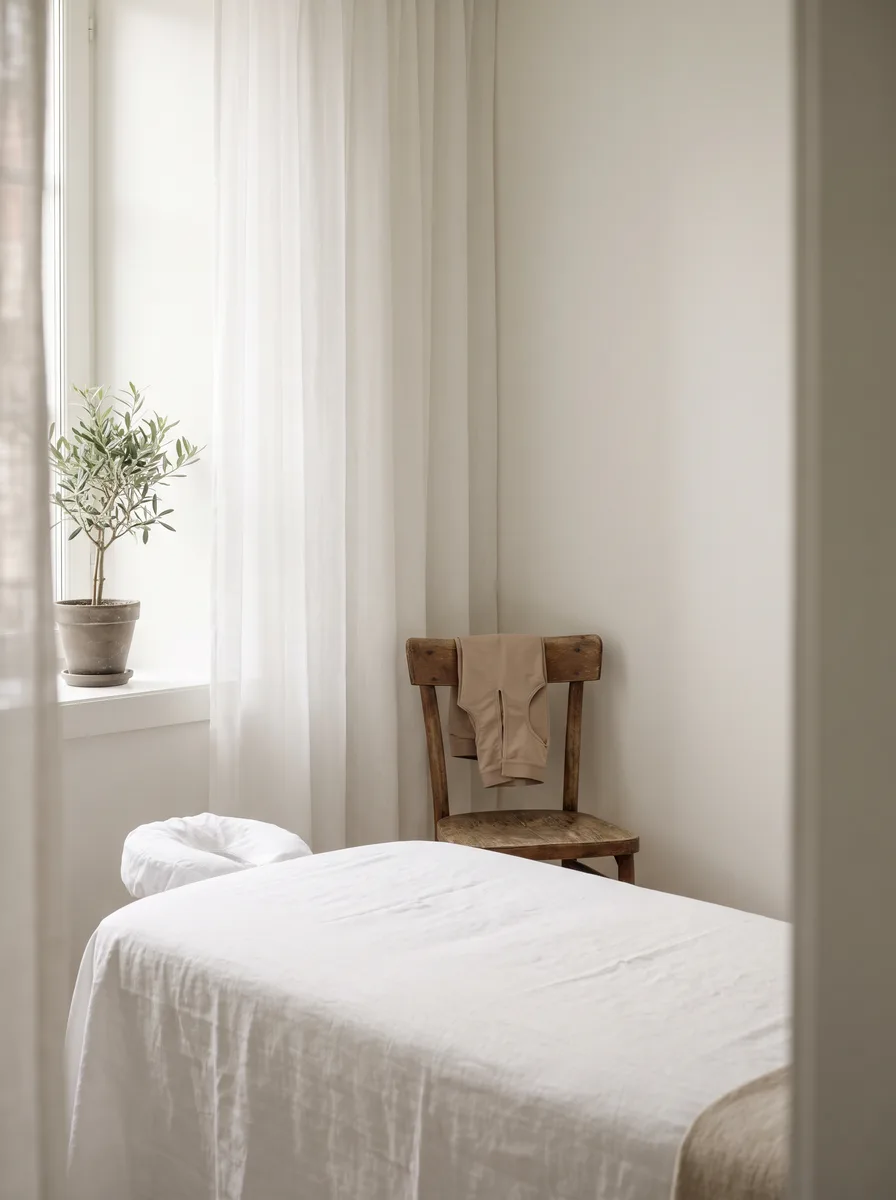 A quiet treatment room with a massage table in white linen, a folded beige compression garment on a wooden chair, a small olive plant by the window