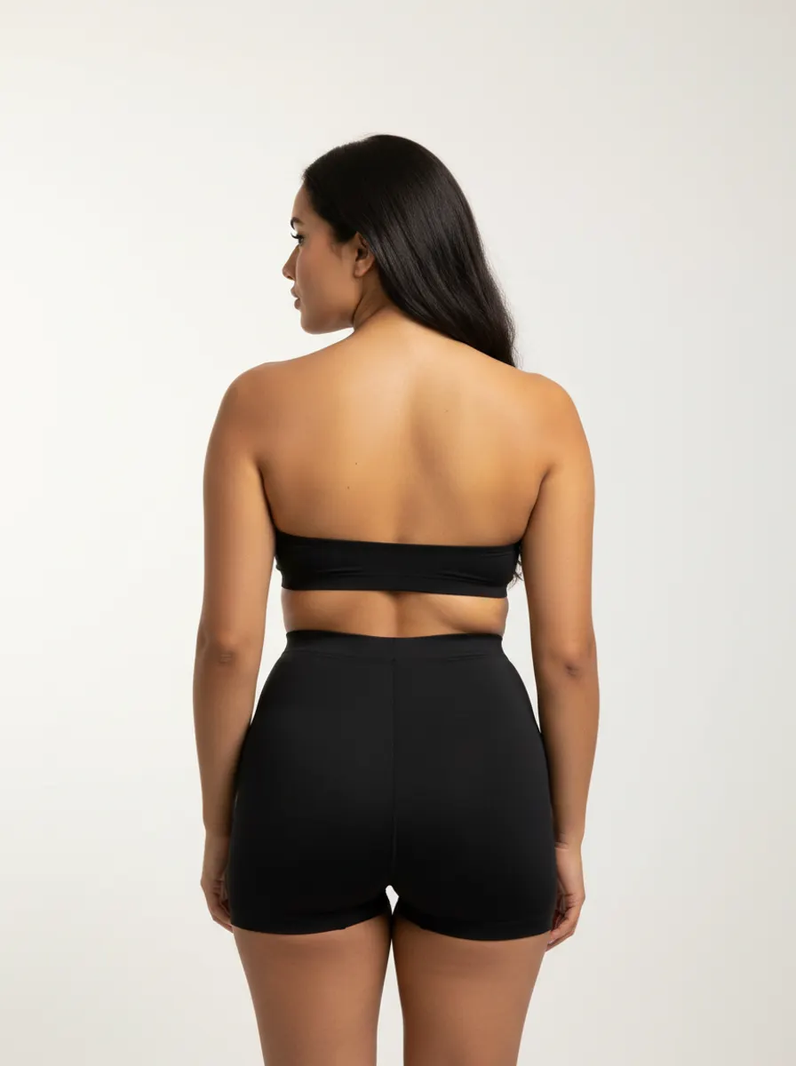 A model in a compression garment, photographed from behind