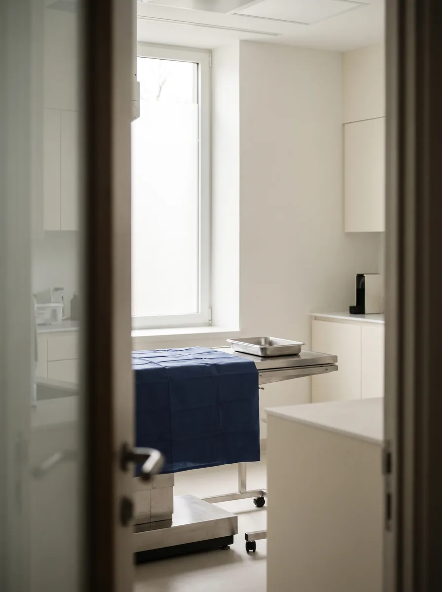 An empty, bright clinic operating room seen through an open doorway, a folded navy drape on a steel table