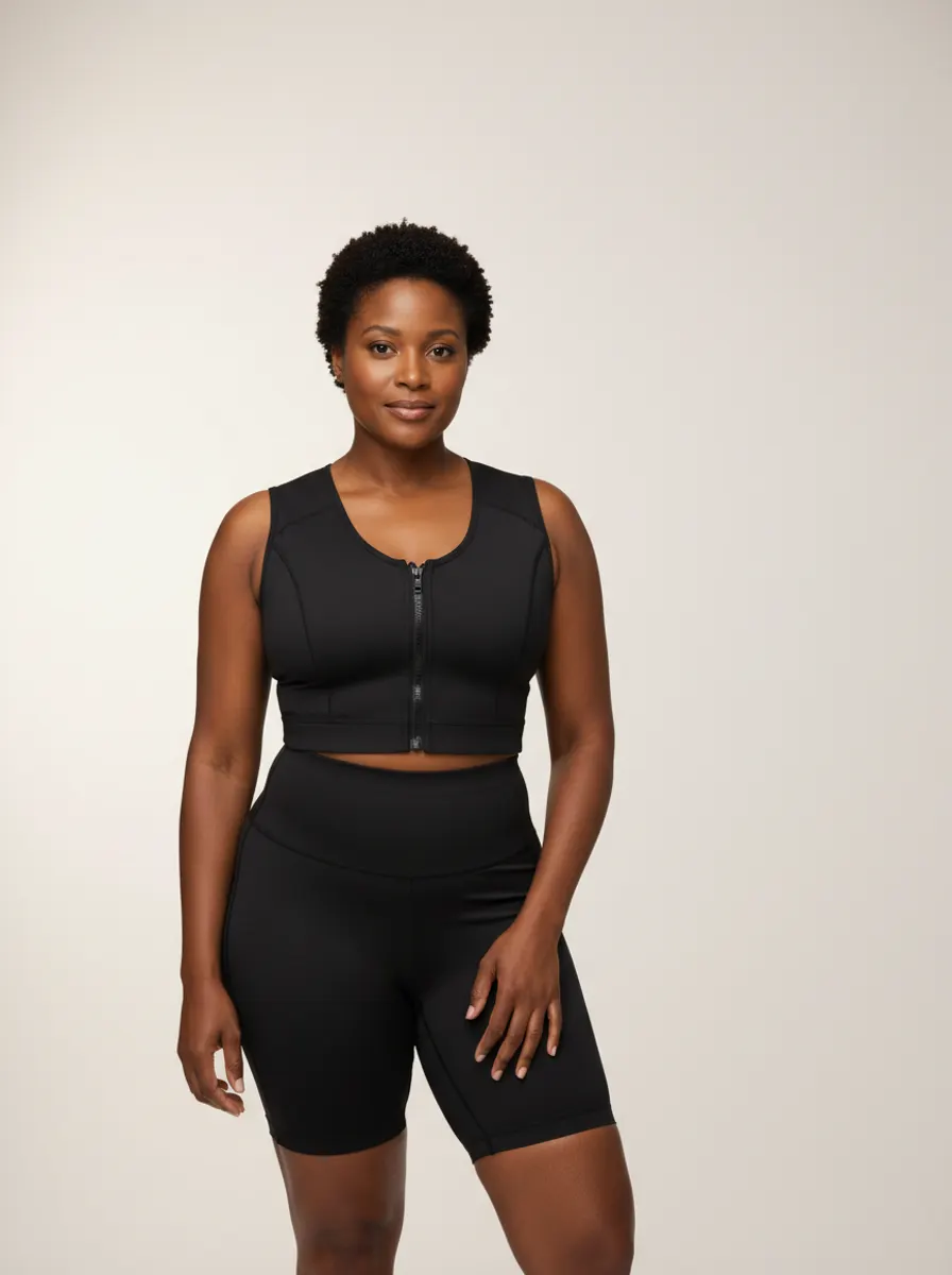 A model in a medical compression garment