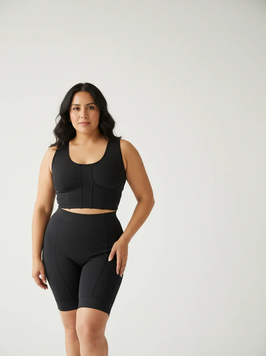 A model in a medical compression garment