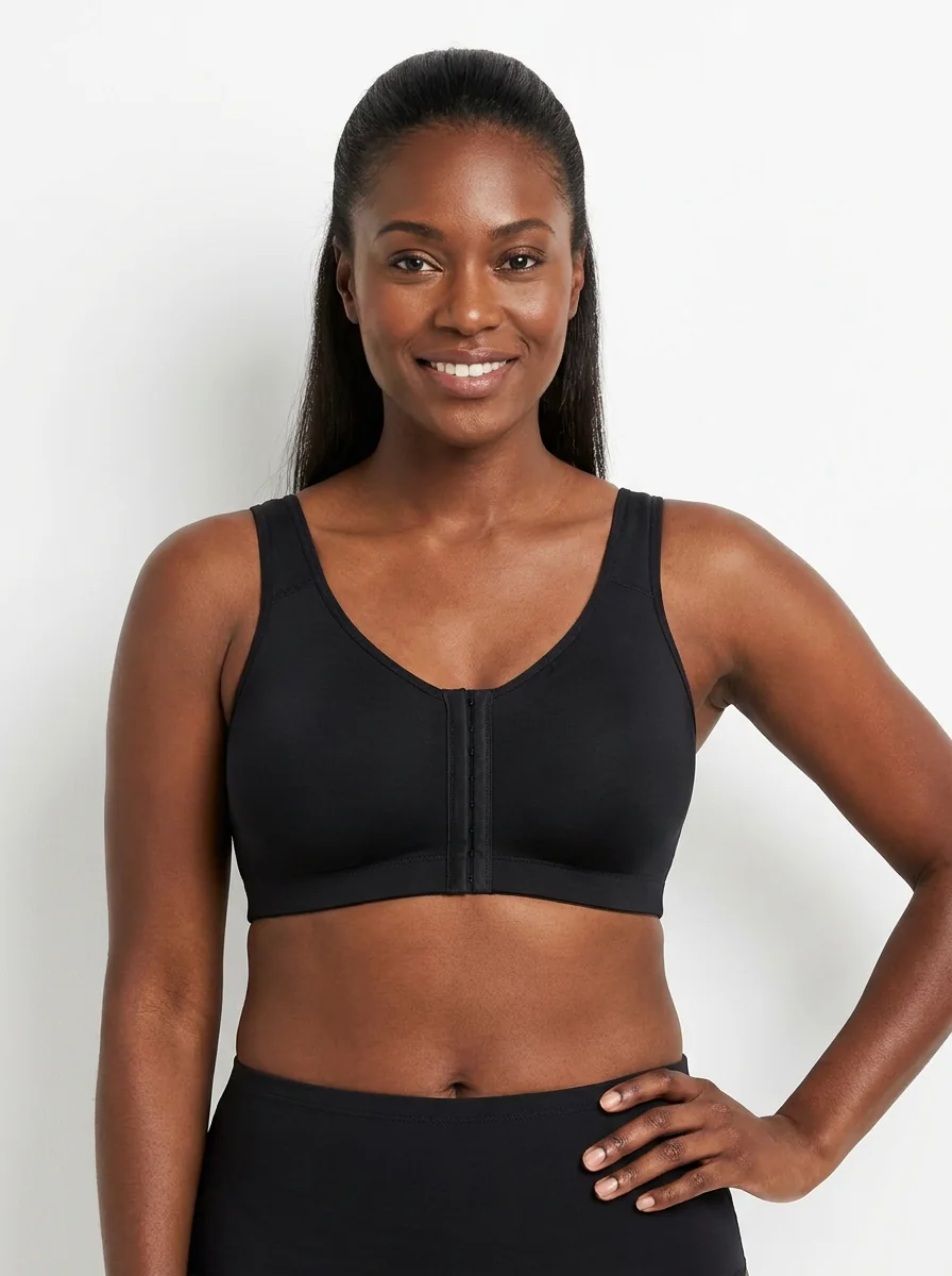A model in a post-surgical compression bra, photographed for Goals