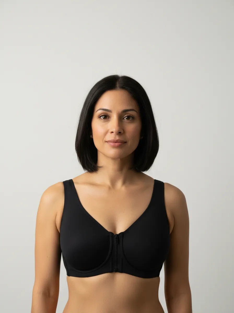 A model in a post-surgical compression bra
