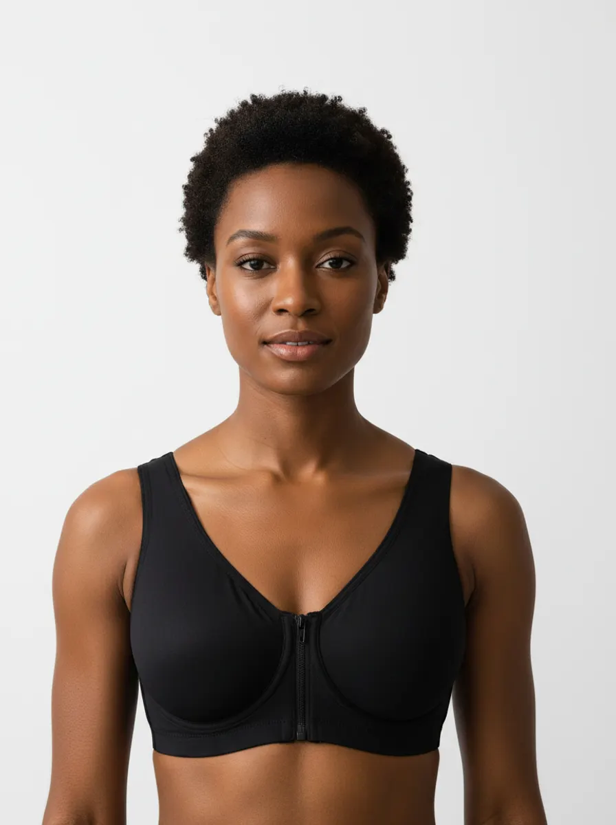A model in a post-surgical compression bra