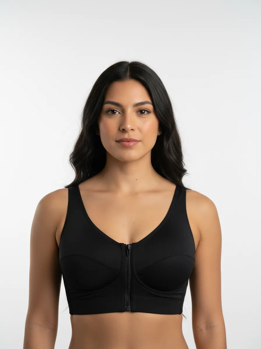 A model in a post-surgical compression bra