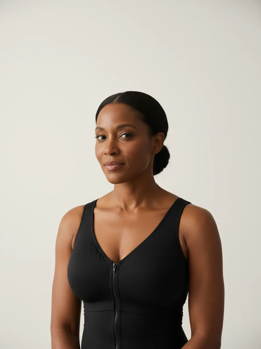 A model in a post-surgical compression bra