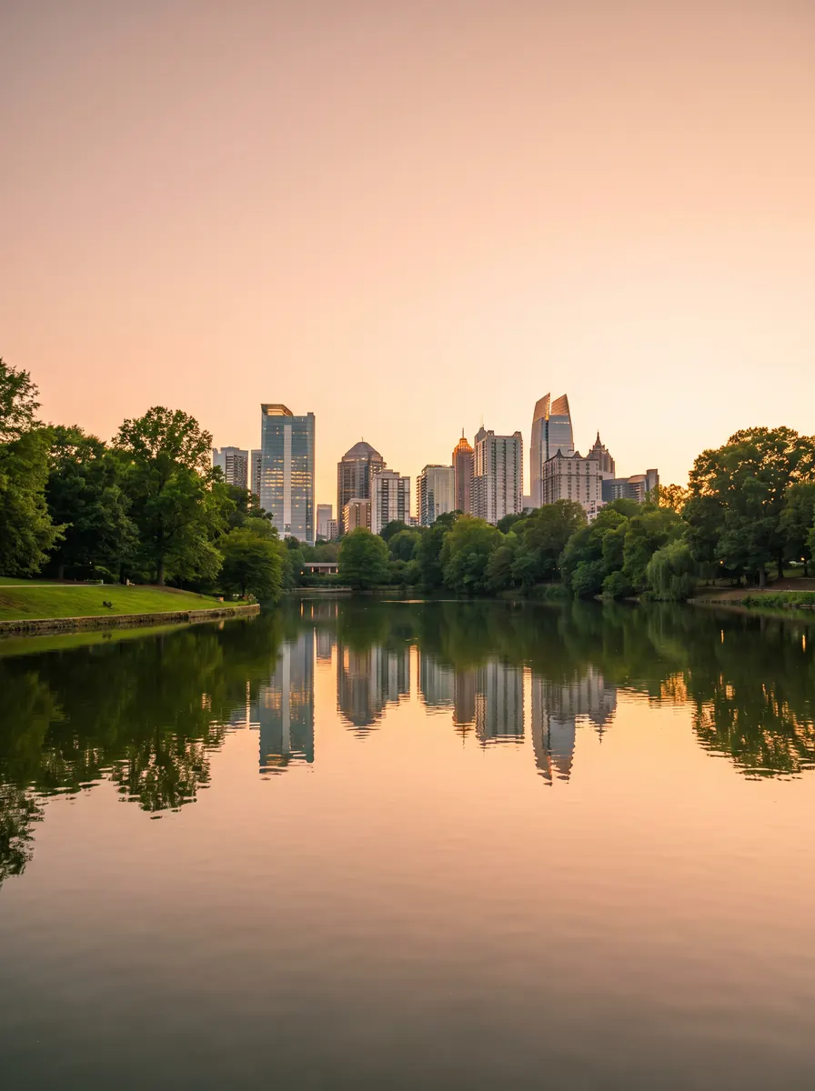 The Midtown Atlanta skyline reflected in the lake at Piedmont Park