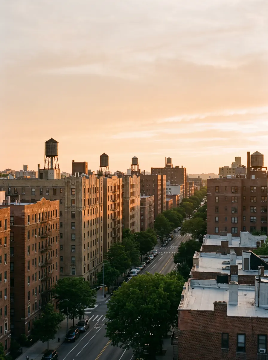 Prewar apartment buildings along a tree-lined boulevard in the Bronx at golden hour