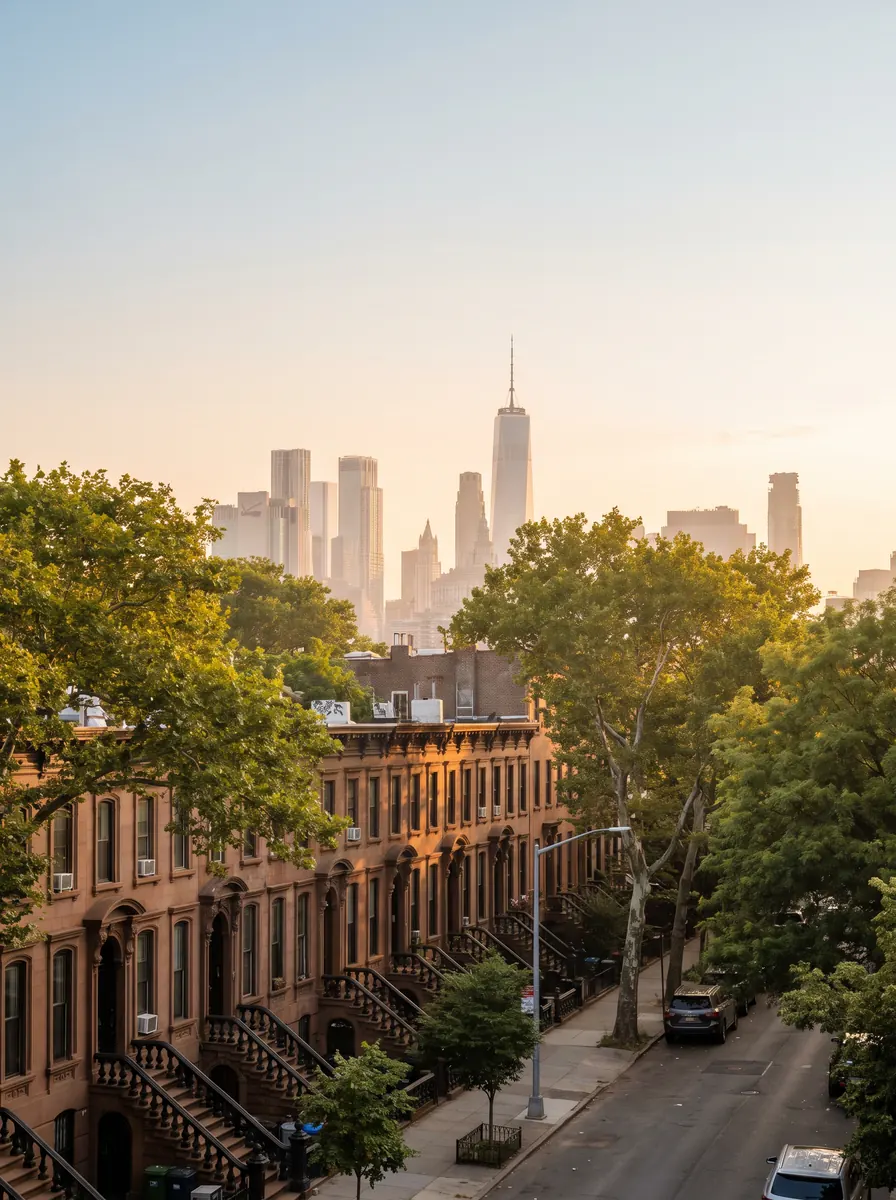 Brownstone row houses on a leafy Brooklyn street, with Downtown Brooklyn in the distance