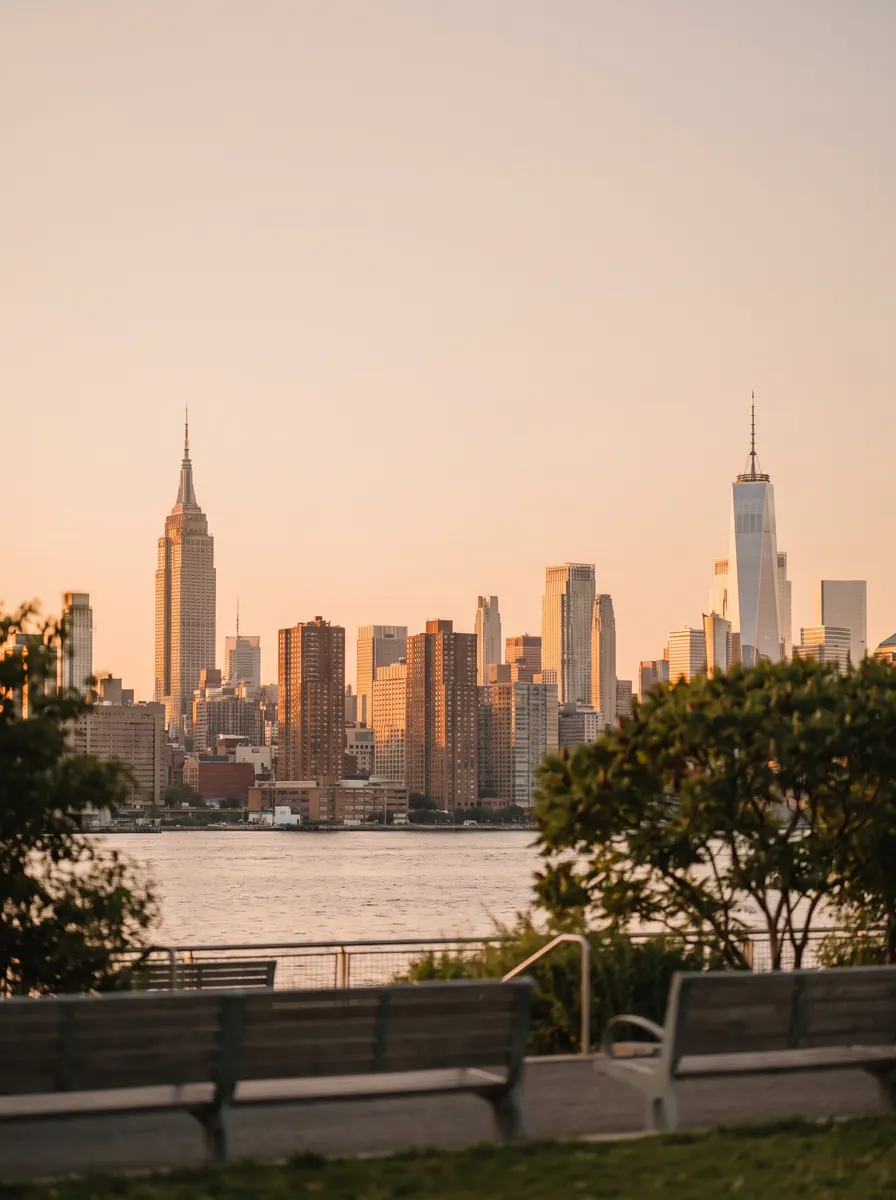 El horizonte de Manhattan al otro lado del East River, al atardecer