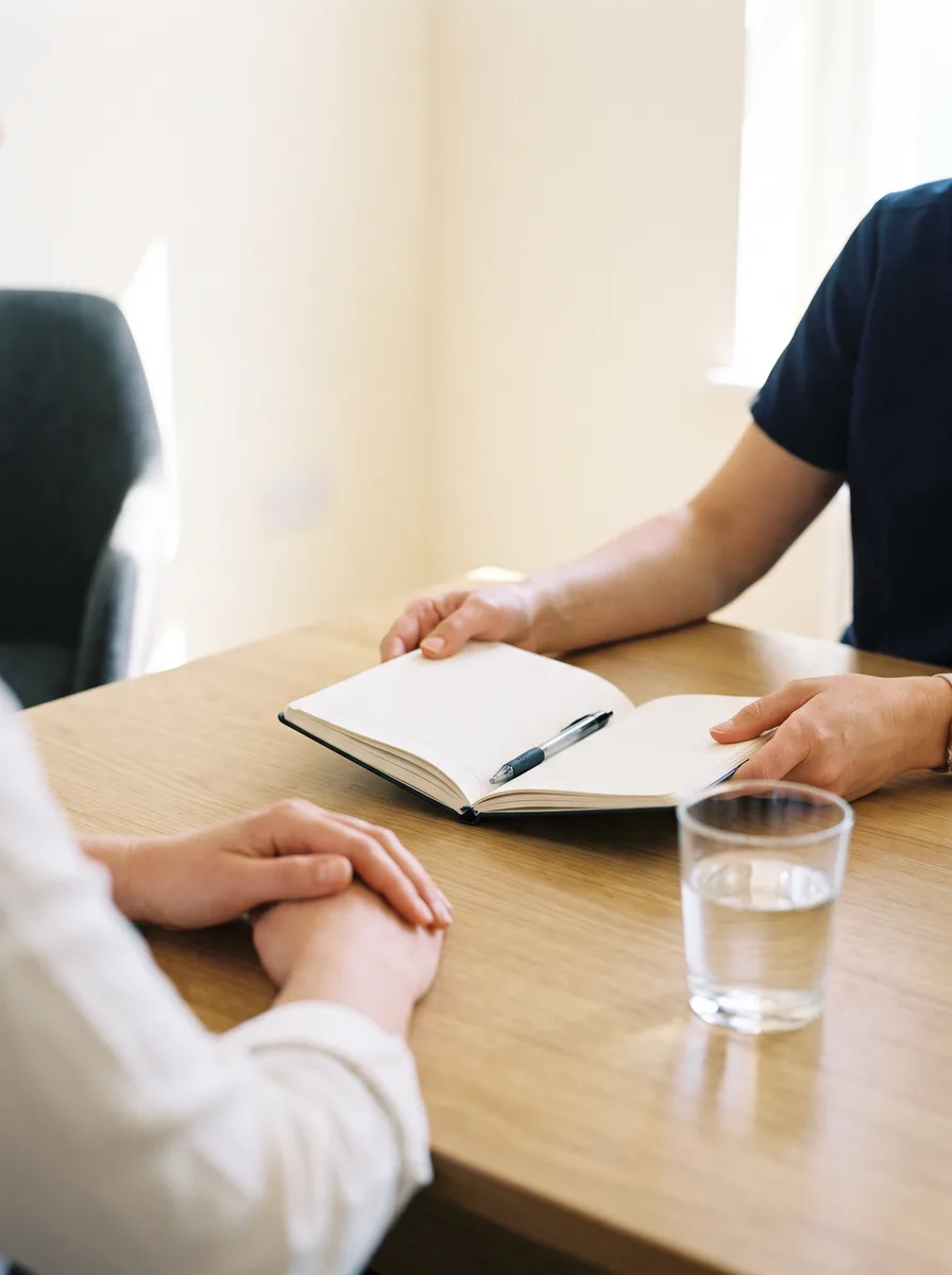 A clinician in scrubs sliding an open notebook across a consultation table toward a patient’s hands