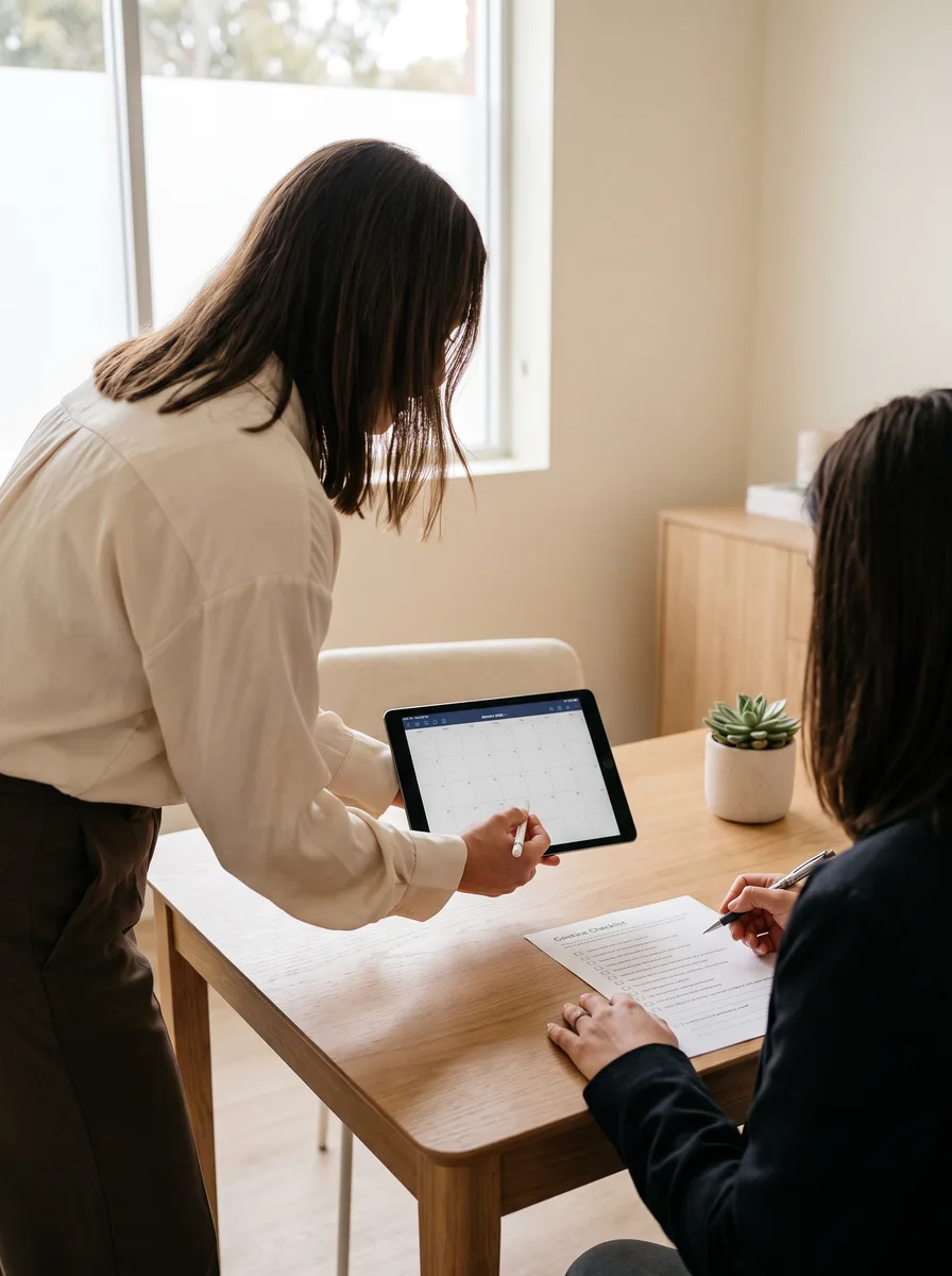 A patient coordinator showing a calendar on a tablet to a patient who is filling in a checklist at a clinic table