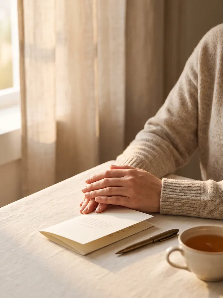 Hands resting on a treatment plan at a consultation table, a pen and a cup of tea beside it, generated for Goals