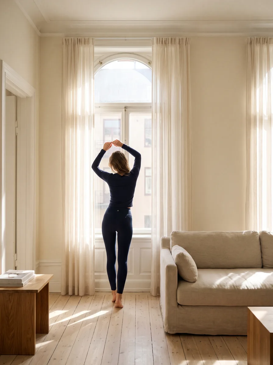 Seen from behind, a woman in navy athletic wear stretches at a tall sunlit window in a bright cream apartment
