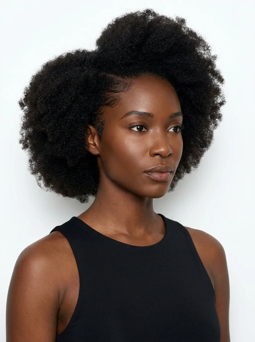 A model with full afro-textured hair, photographed for Goals