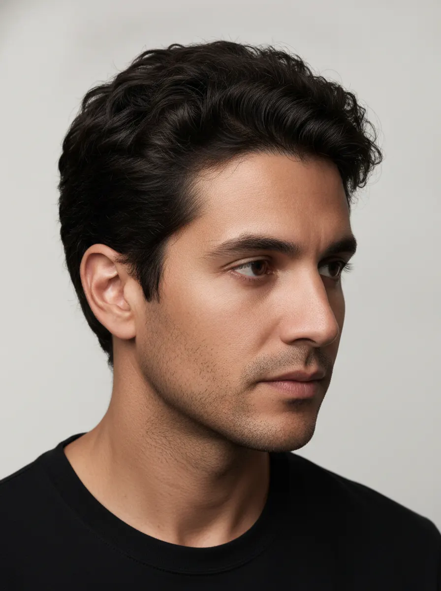 A model with dense hair, hairline in frame