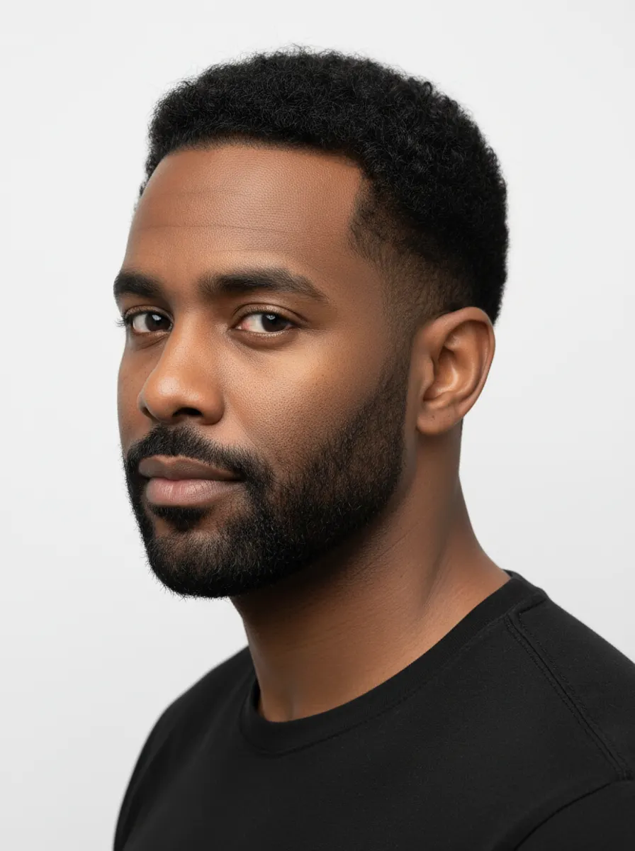 A model with dense hair, hairline in frame