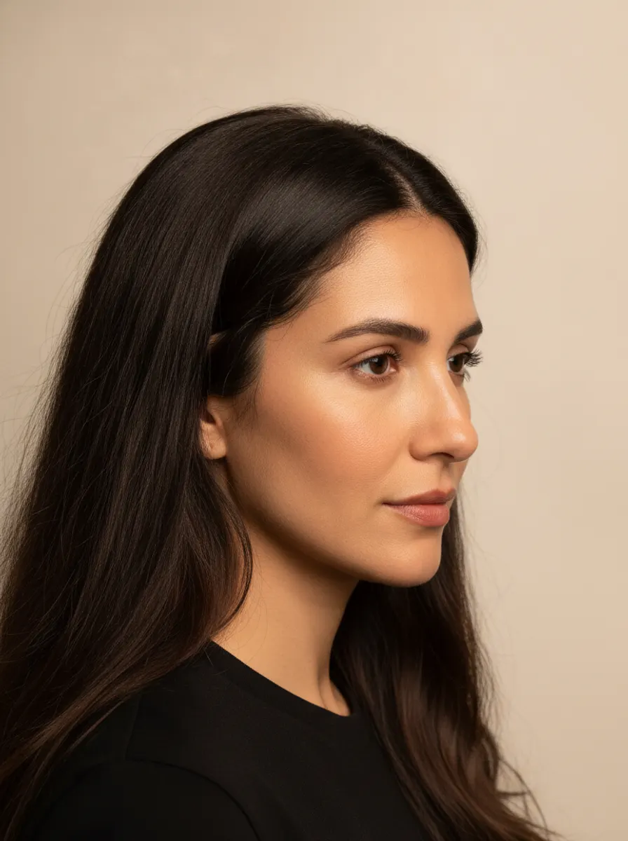A model with long thick hair, parted to show the scalp line