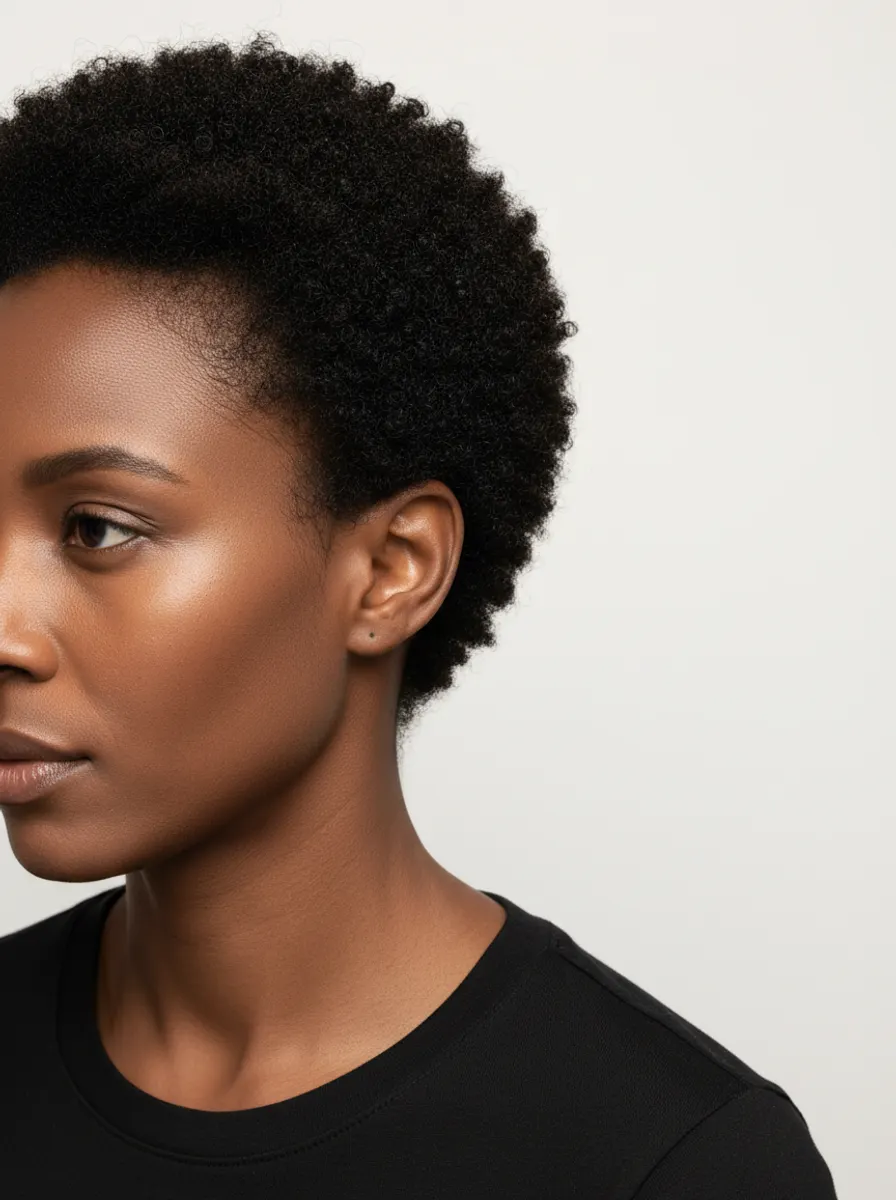 A model with afro-textured hair, hairline in frame