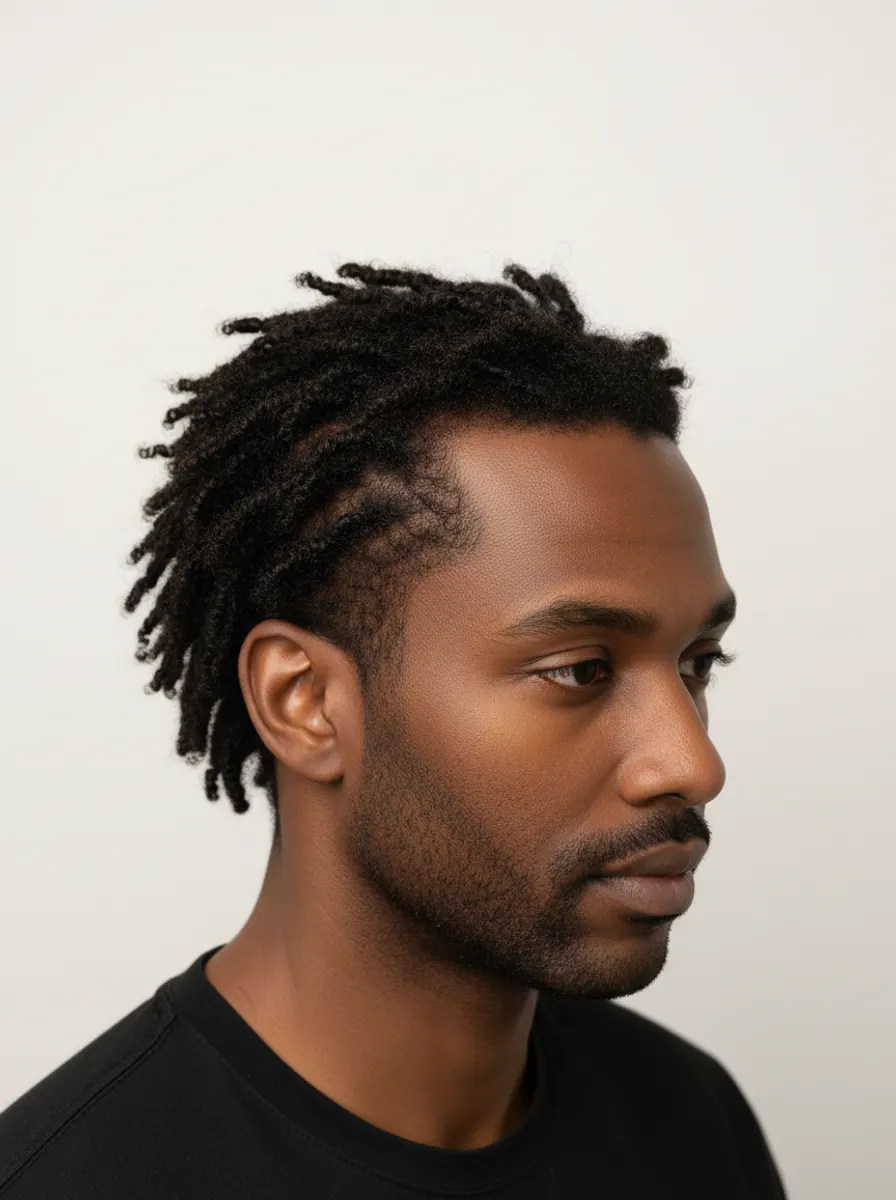 A model with afro-textured hair, hairline in frame