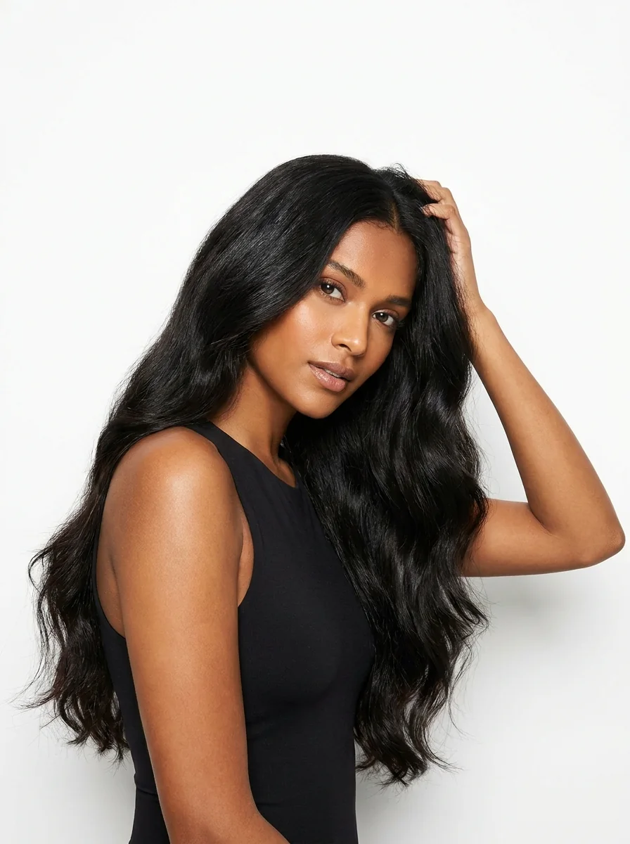 A model with long thick hair, photographed for Goals