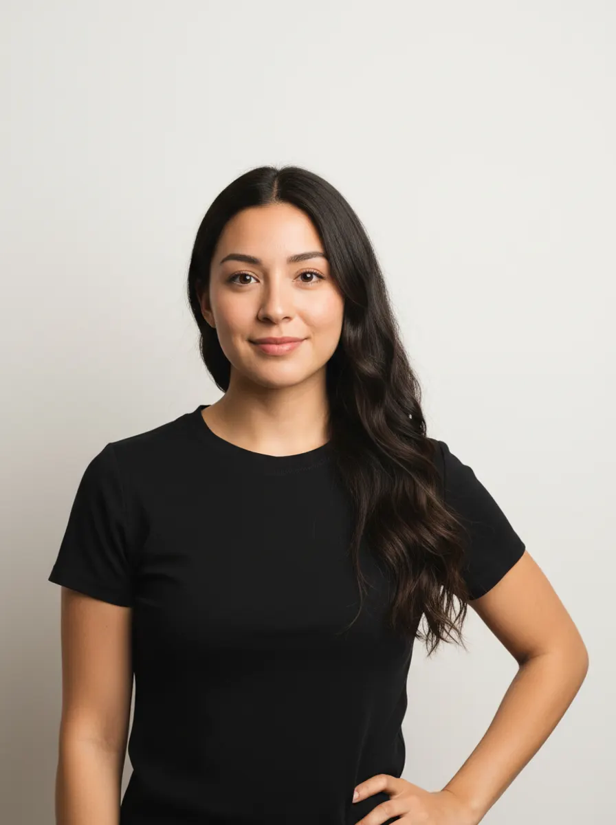 A model in a black top, photographed in a studio
