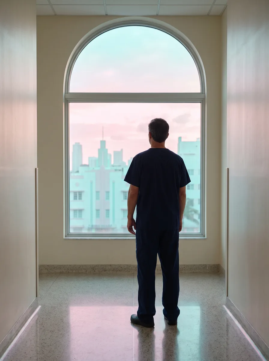 A surgeon in navy scrubs, seen from behind, at an arched clinic window looking out over pastel Art Deco buildings at dusk
