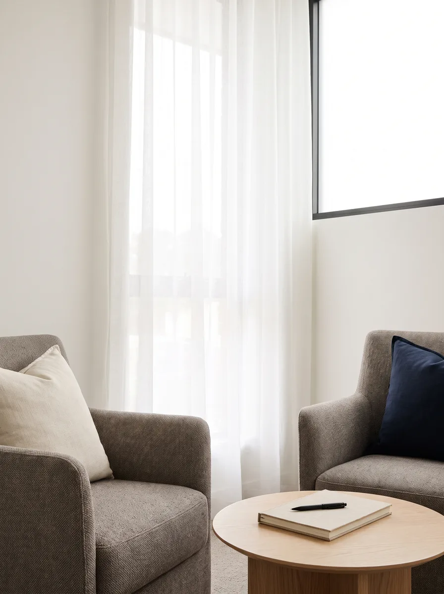 A calm consultation room: two grey armchairs angled toward each other, a small oak table with a closed notebook and pen, sheer curtains