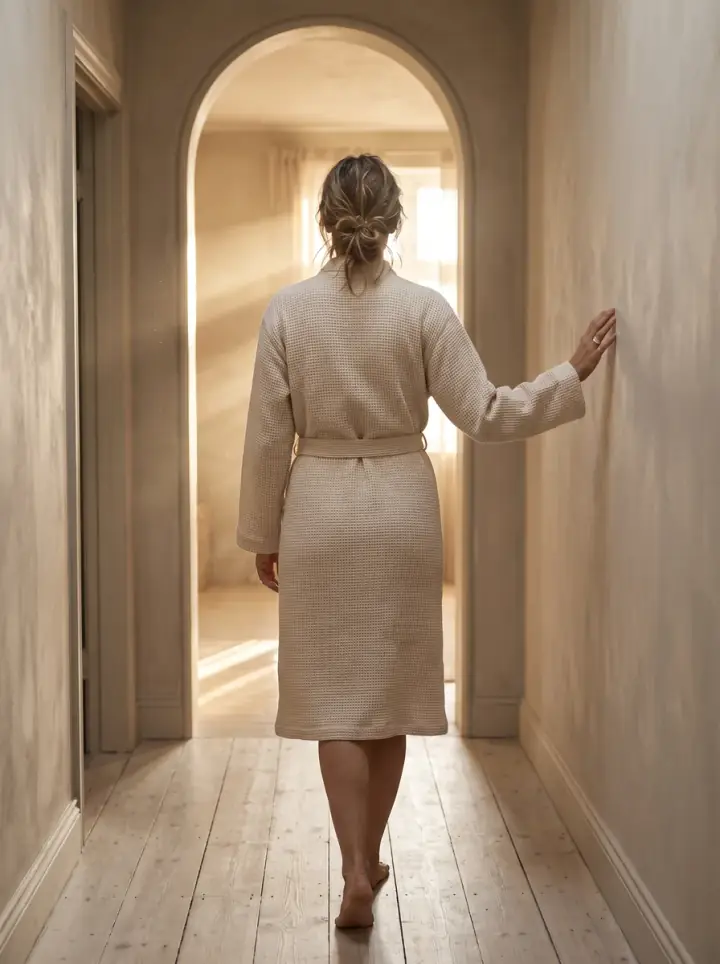 Seen from behind, a woman in a soft cream robe walks slowly down a sunlit hallway at home, one hand on the wall