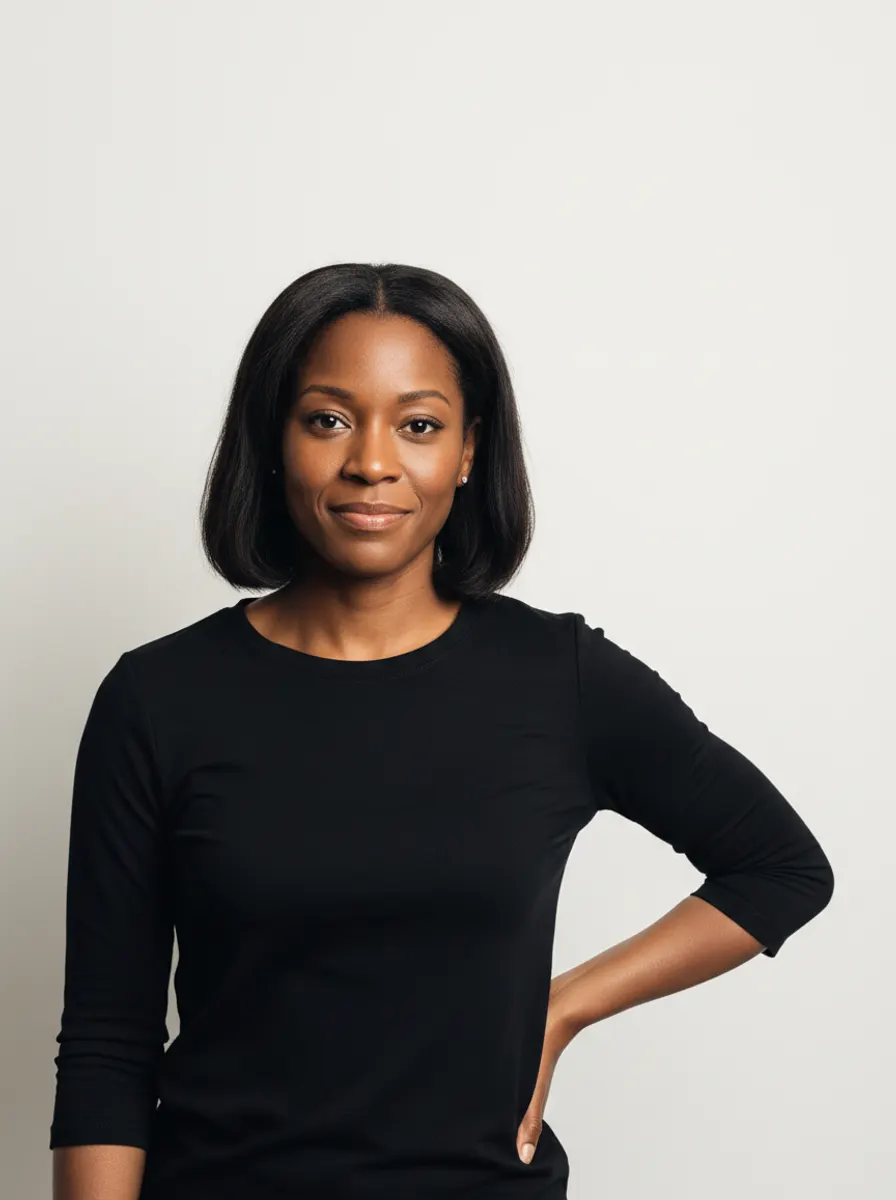 A model in a black top, photographed in a studio