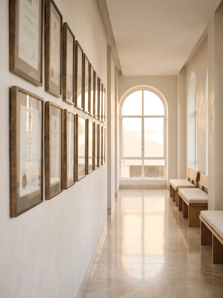A bright clinic corridor with a row of framed certificates in thin bronze frames, an arched window at the end