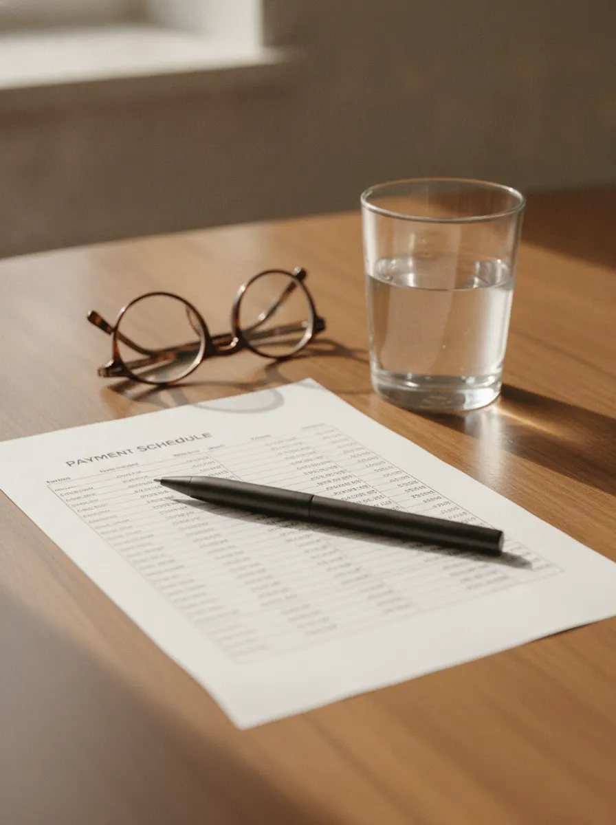 A printed payment schedule on a consultation table