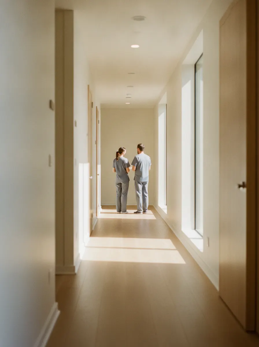 Models in surgical scrubs, photographed in a clinic corridor