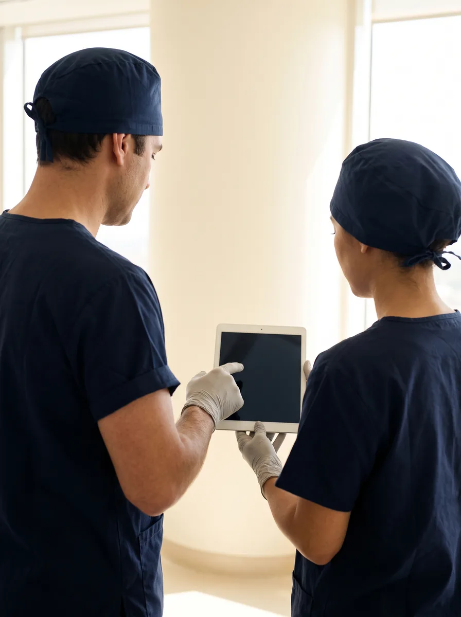 Two surgeons in scrubs reviewing a case together, photographed for Goals