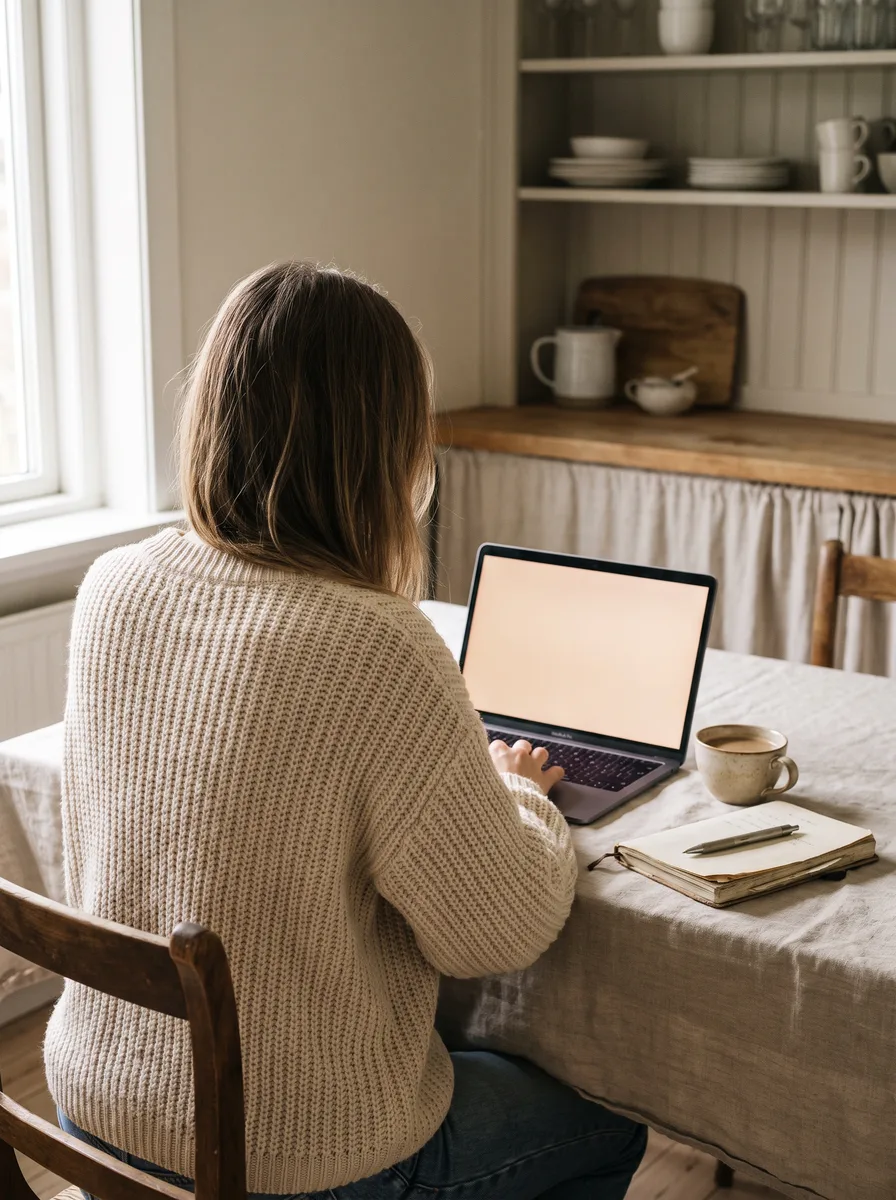Seen from behind, a woman in a cream sweater at a kitchen table looks up a record on a laptop beside a cup of coffee and a notebook